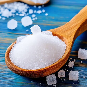 A close-up of granulated sugar and sugar cubes on a wooden spoon against a colorful background.