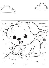 Coloring book puppy plays on the beach, digging in the sand under a sunny sky with fluffy clouds.