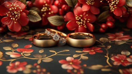 Elegant Wedding Rings with Diamond Accents on a Floral Surface Celebration