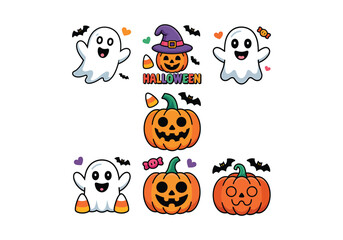 Cute Halloween vector set smiling ghosts, pumpkins, bats, candy corn, and cartoon spooky elements
