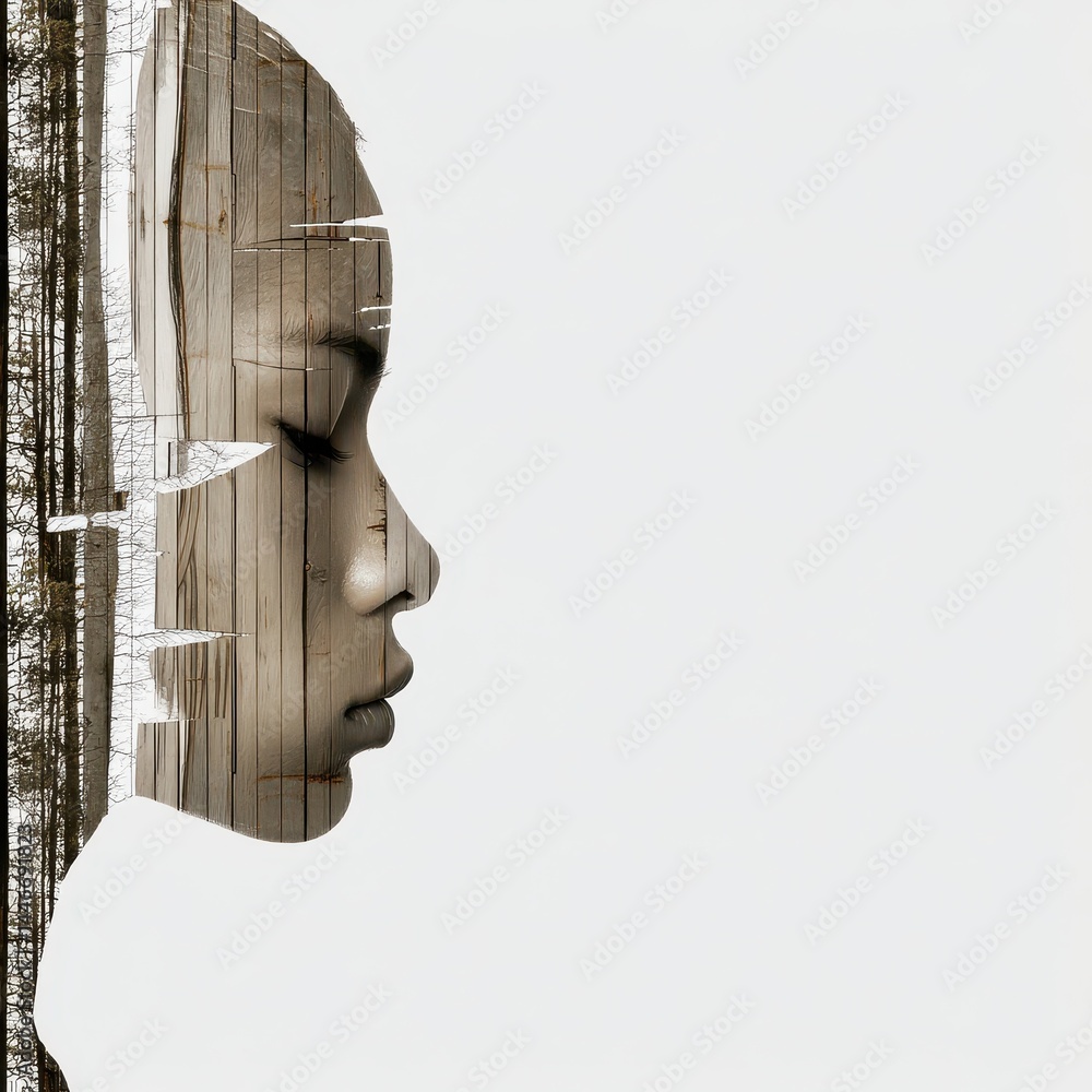 Poster inner forest: double exposure of a human profile merging with nature elements, emphasizing harmony b