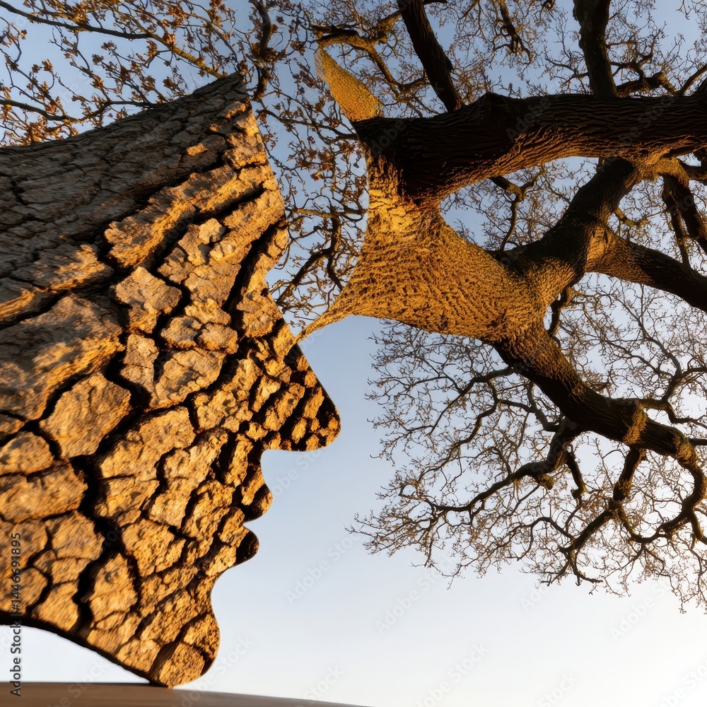 Poster inner forest double exposure with profile silhouette and tree branches captured in artistic blend of
