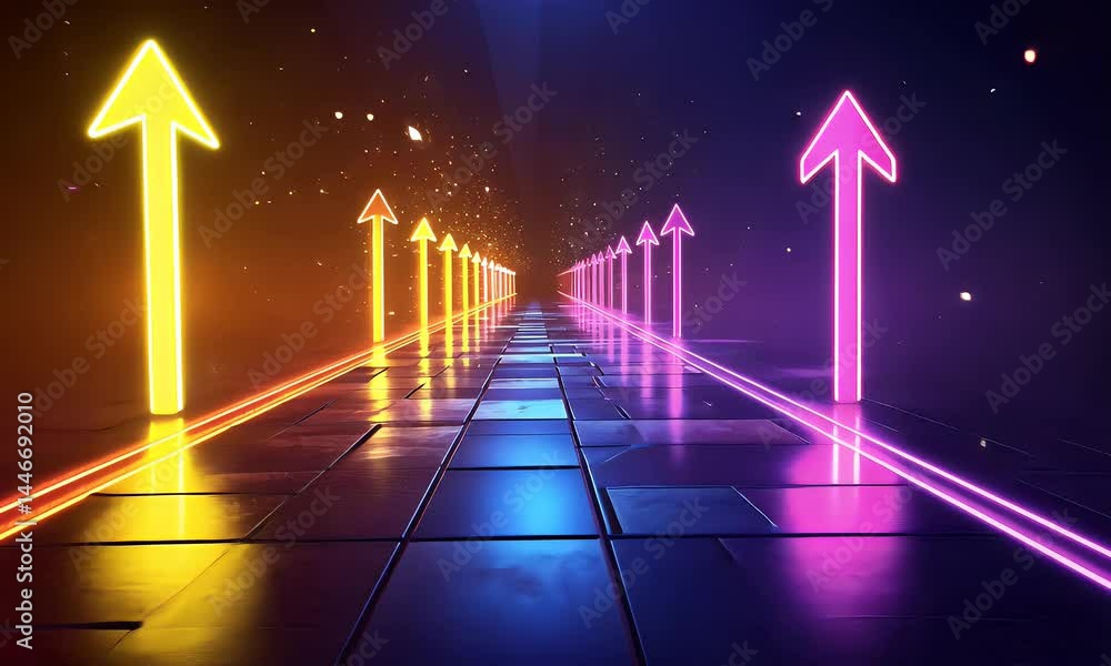 Poster a background of bokeh lights with arrows pointing upwards, representing growth and progress in busin