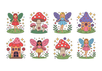 Cute fairy and mushroom house vector set magical fairies, toadstools, sparkles, and fantasy homes