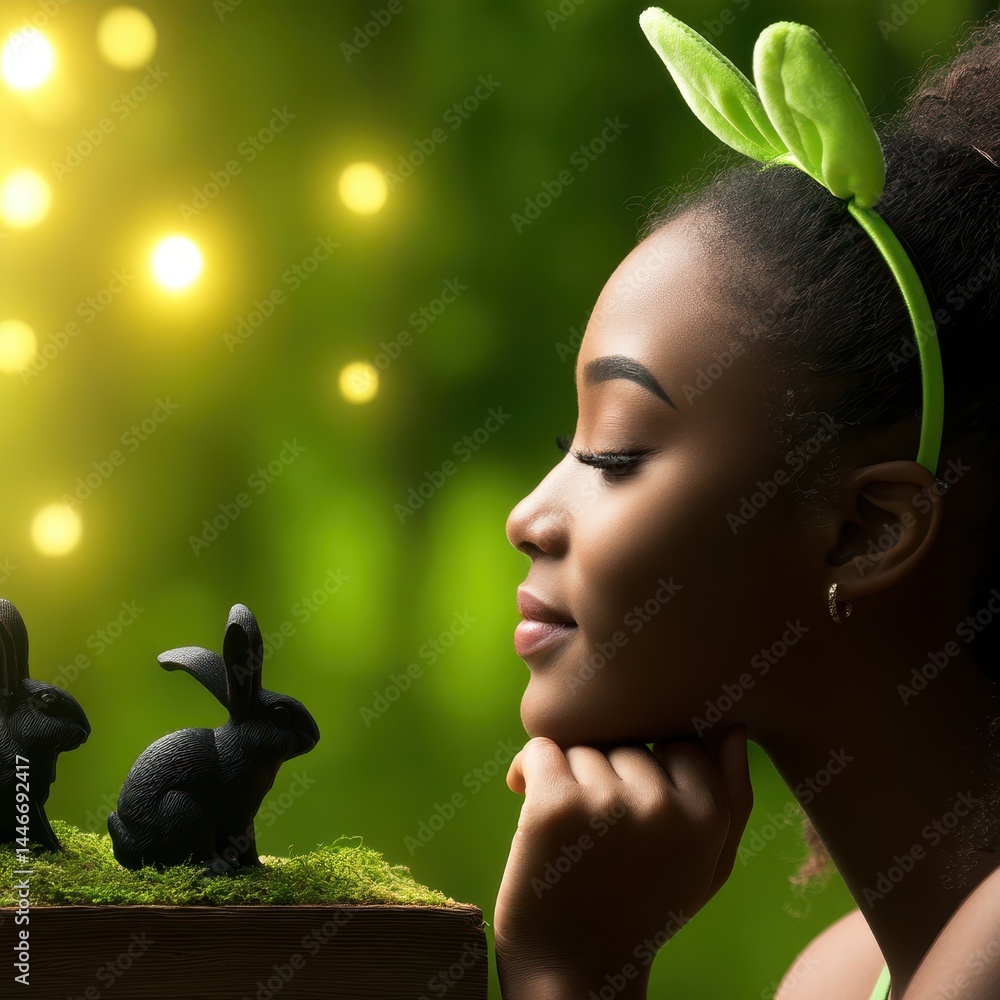 Poster Dreamy Inner Forest Scene Featuring a Child and Rabbits with Soft Double Exposure Effect in a Whimsical Atmosphere