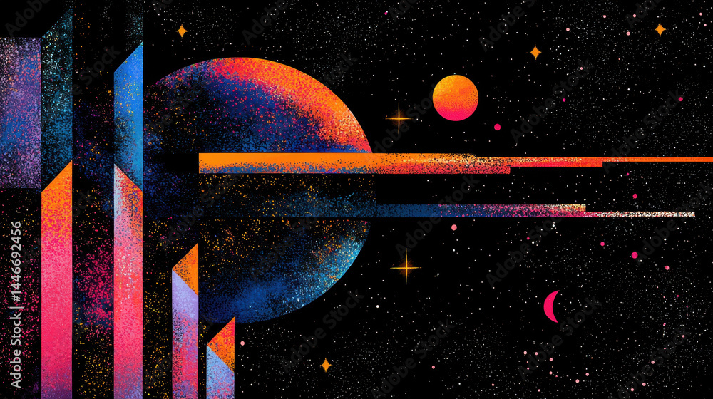 Poster beautiful narwhal illustrations with planets in space on a black background create a mesmerizing cop
