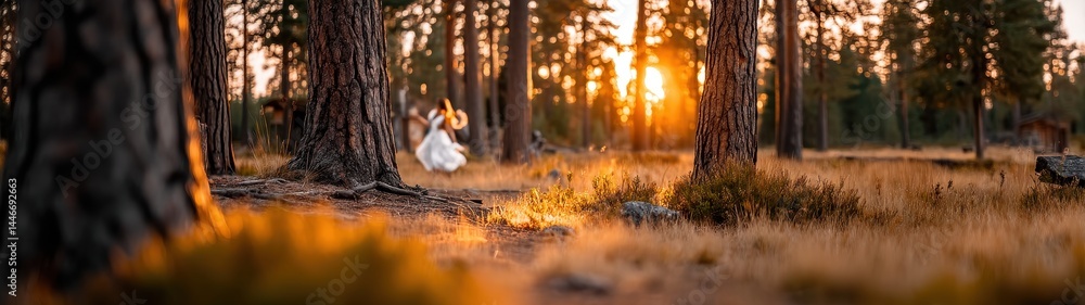 Poster ethereal dancer in inner forest during golden hour with double exposure technique capturing movement