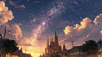 Naklejka premium Magical Anime Castle Night Sky Fantasy Cityscape Illustration