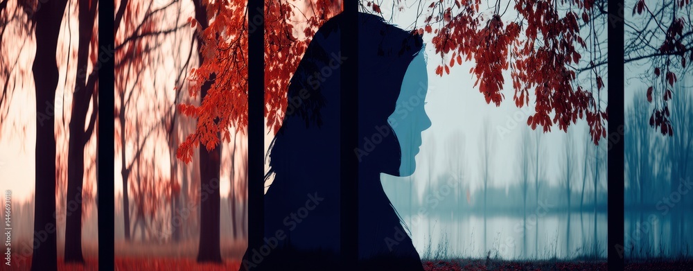 Poster contemplative inner reflection in a forest with double exposure technique capturing a dreamy atmosph