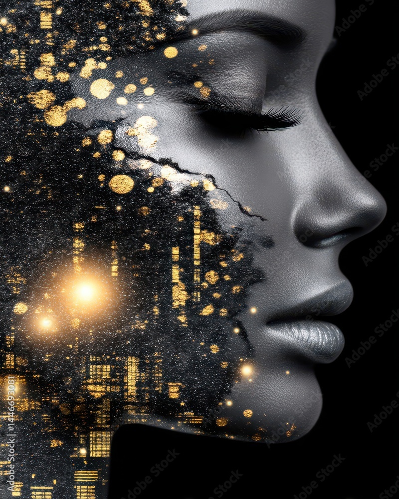 Poster contemplative inner forest double exposure portrait merging nature and urban elements with a serene 
