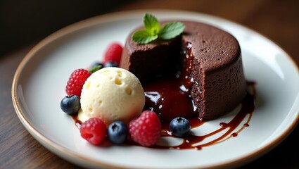 Decadent Molten Chocolate Lava Cake with Berries and Ice Cream