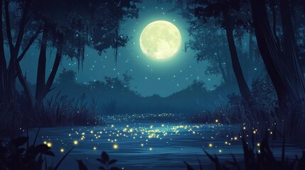 Magical moonlit swamp with fireflies.