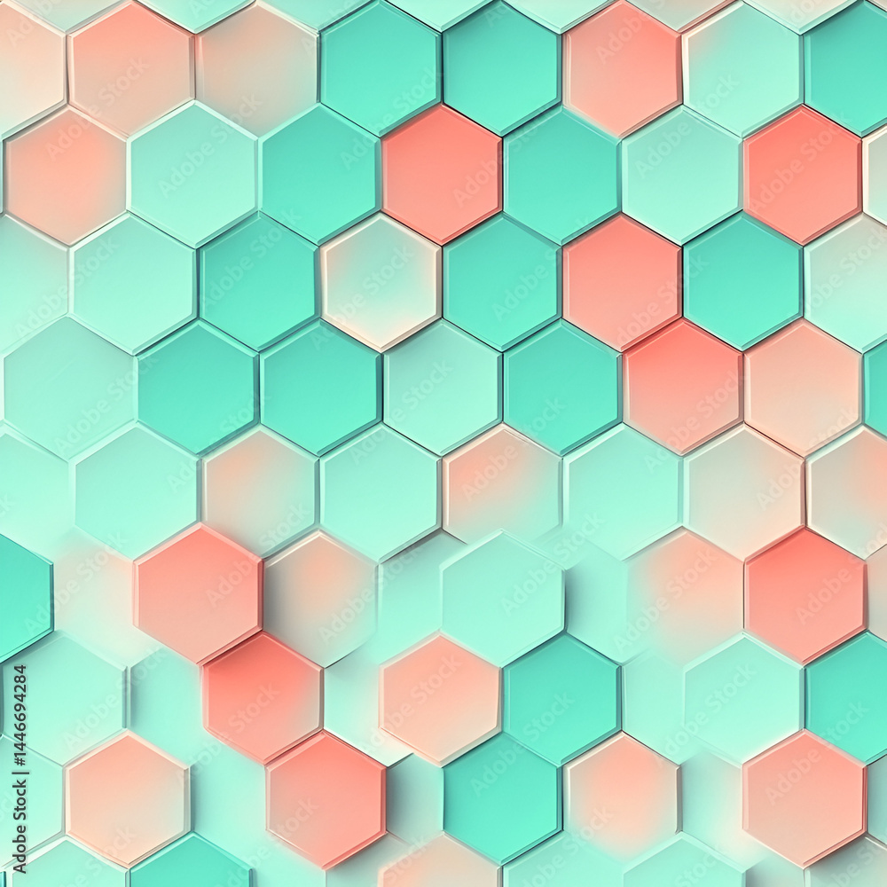 Poster creating a coral and teal seamless hexagon pattern digital design graphic art vibrant color palette 