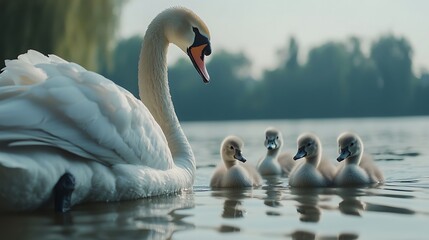 Mute swan with four cygnets swimming on calm water.