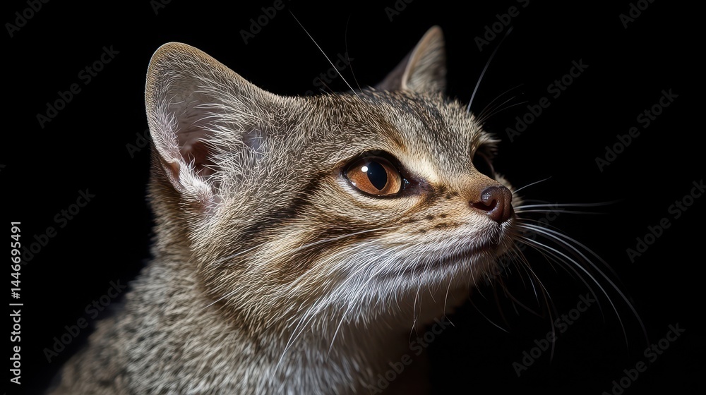 Poster captivating feline close-up showcasing a wildcat's intricate fur pattern and intense gaze against a 