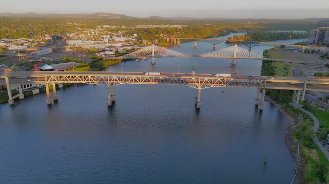 Aerial shot at sunset approaching the Markham Bridge in Portland Oregon