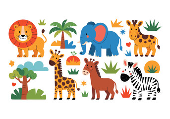 Cute safari animal vector set cartoon lion, giraffe, zebra, elephant, and jungle plants for kids