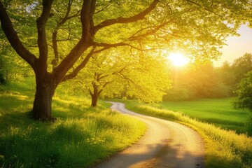 Fototapeta premium A Path Winding Through Lush Greenery, Illuminated by the Golden Sunset Glow