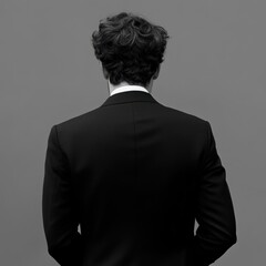 Business professional contemplating in a minimalist studio black and white photography indoor environment rear view