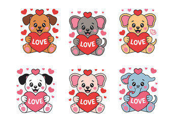 Cute love animals vector set cartoon puppies and elephants holding hearts with 