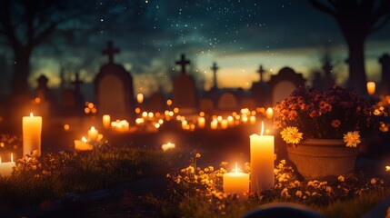 Evocative nighttime scene of a graveyard illuminated by candlelight serenity