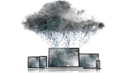 Cloud hanging over computer devices, digital technology with storm cloud symbolizing data flow and technology challenges, concept of cloud computing and data storage