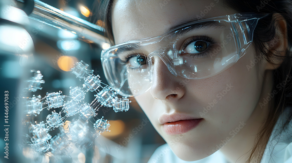 Poster a scientist in protective glasses observes a molecular structure perhaps for research. the image con