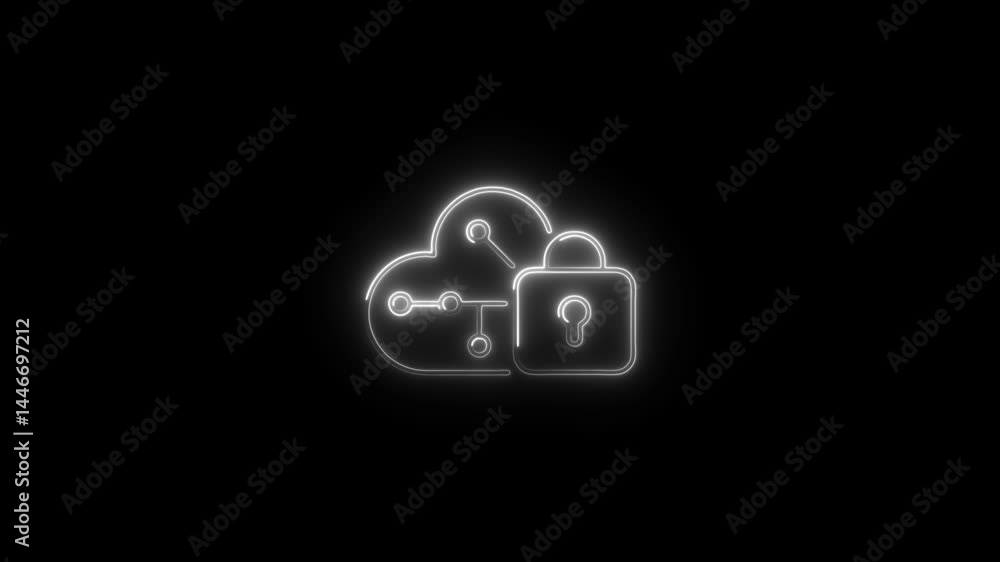 Poster digital cloud security neon icon animation on black background representing data protection and netw