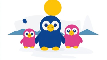 Pixelated Penguin Family with Balancing Act Cartoon Illustration Children's Book Style Digital Art in Bold Colors and Cute Design for Graphic Projects 117