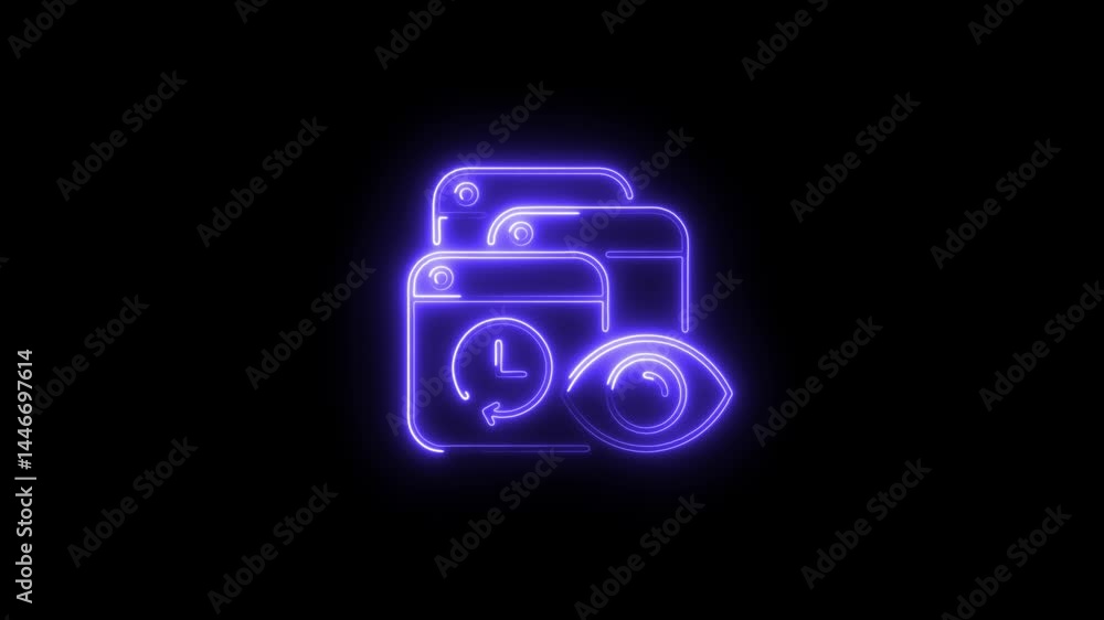 Poster neon style app interface icons stack and eye symbol glowing on black background