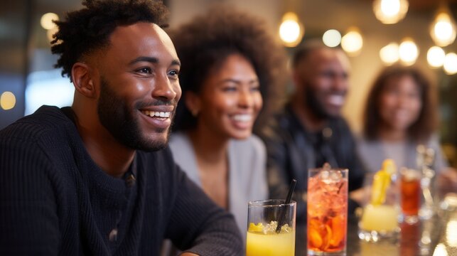 Happy african friends at lounge bar with colorful drinks. - Powered by Adobe