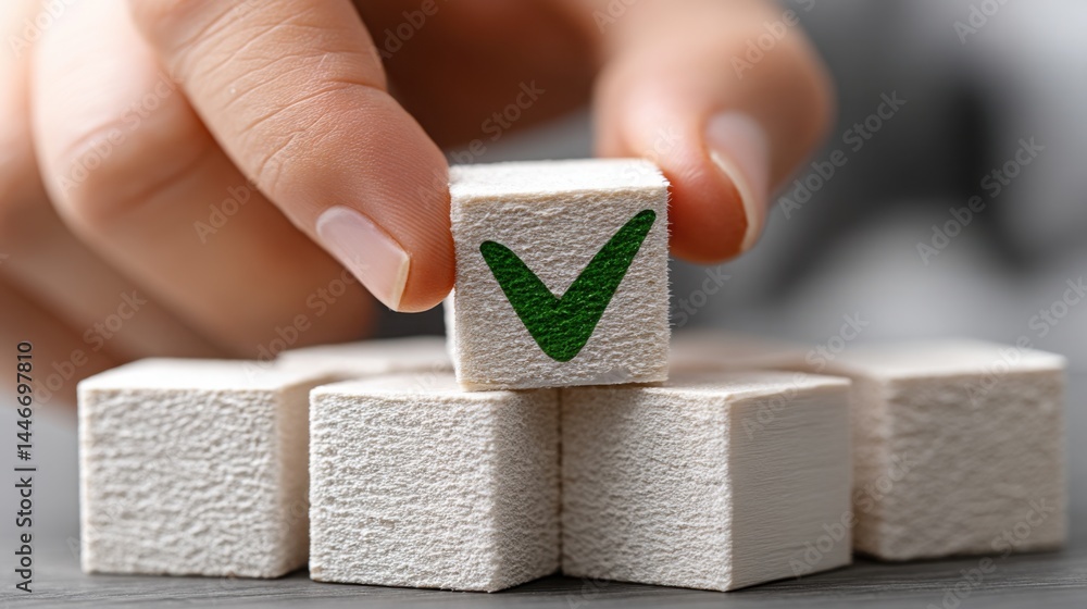 Poster hand placing green tick on block of white paper signifying data integrity lead icon concept truth in