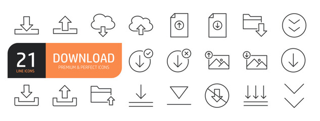 Set of line icons related to Download, upload buttons and more. Outline icons collection. Editable stroke. Vector illustration.