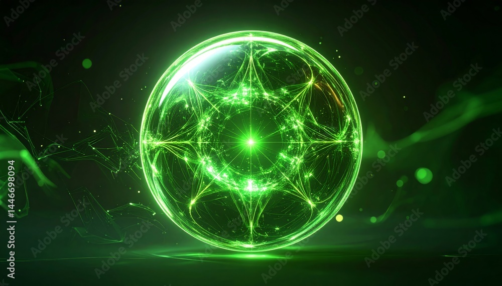 Poster glowing green energy sphere with abstract particles and dynamic illumination