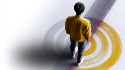 Conceptual digital illustration of solitary figure standing at center of yellow concentric circles, viewed from above, symbolizing focus, achievement, target, goals