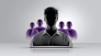 Silhouette of person standing on virtual platform with purple digital figures in background, futuristic technology concept, virtual identity in abstract digital space