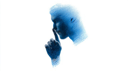 Blue silhouette of figure holding thoughtful, contemplative pose against light background digital art concept with ethereal and dreamy atmospheric elements