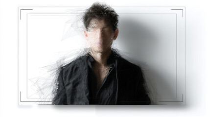 Blurry figure against white background abstract portrait with dark clothing moody atmospheric image mysterious silhouette art indistinct person in dark jacket