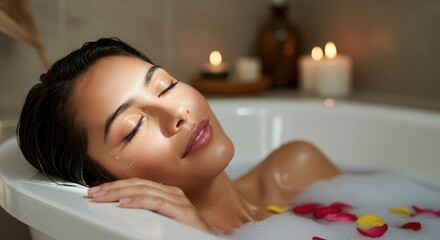 Obraz premium Relaxed hispanic woman enjoying a luxurious bath with petals and candles.