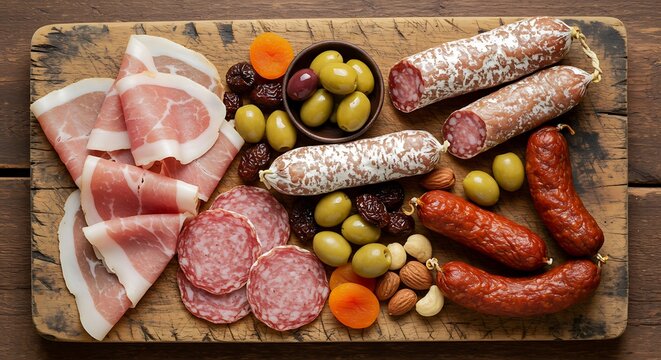 An artisanal charcuterie board with prosciutto, salami, coppa, and smoked sausages. Accompanied by olives, nuts, and dried fruits. Soft natural lighting, overhead shot