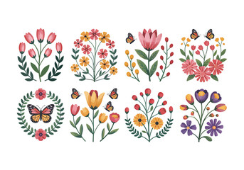 Spring flower bouquet vector set colorful floral arrangements with butterflies in flat decorative style