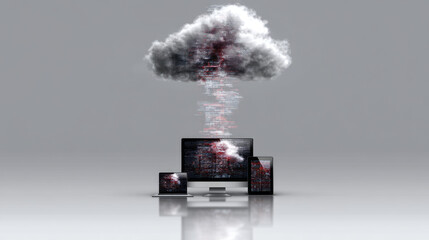 Digital illustration of cloud computing concept with small dark device under stormy cloud, abstract data visualization