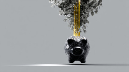 Money flow into piggy bank with smoke effect, stylized digital illustration of abstract money flow representing financial savings and investment