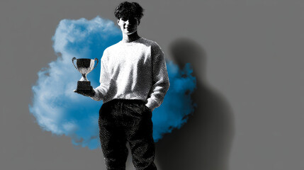 Artistic silhouette of figure with blue smoke effect on gray background, creative digital art with dramatic contrast and mysterious atmosphere
