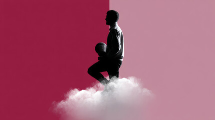 Silhouette figure in lunge position on cloud against pink gradient background, art illustration of stylized person, minimalist design, artistic concept