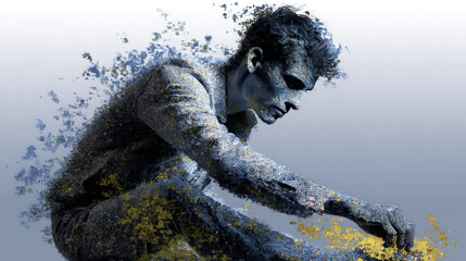 Abstract figure with disintegration effect, artistic portrait in monochrome with yellow accents, creative digital art, contemporary visual, surreal composition, expressive fragmentation