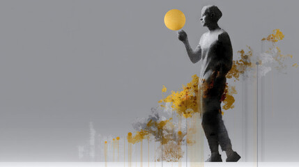Silhouette figure with golden light bulb creating artistic splash, abstract digital illustration with creative energy flow on gray background