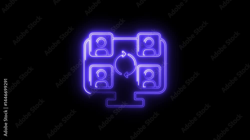 Poster neon network team meeting on computer screen concept animated symbol connection people
