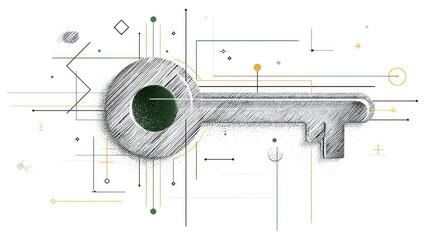 Digital illustration of key design with eye shaped element, technology circuit patterns on gray background
