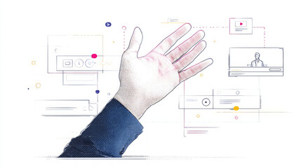 Digital technology concept with gloved hand touching virtual screen interface with business analytics and data visualization